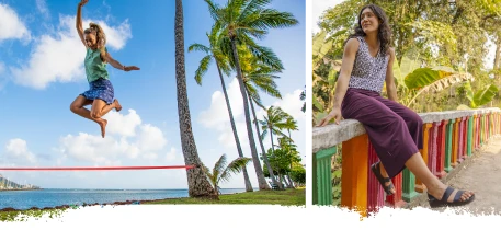 Women in tropical travel clothes talking